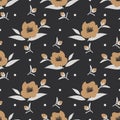 Seamless pattern of cute brown flower branches with gray leaves and tiny dots on black background Royalty Free Stock Photo