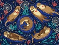 Vector seamless pattern with cute lovely otters in the sea. Decorative surface background Royalty Free Stock Photo