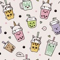 Seamless pattern with cute bubble tea or pearl tea