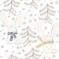 Seamless pattern with cute bunnies, fir-trees and snowflakes. Vector Christmas or New Year background