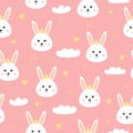 Seamless pattern with cute bunny, star and cloud. Lovely rabbit with crown on pink background. Background for baby