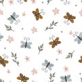 Seamless pattern with cute butterflies, flying insects. Simple naive vector illustration for textile print, wallpaper