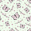 Seamless pattern with cute butterflies and pink sakura flowers. Cherry blossom spring vector art, light green background Royalty Free Stock Photo