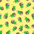 Seamless pattern with cute cacti and hearts, in green, pink, brown and yellow colors.