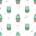 Seamless pattern with cute cactus cat in pots.