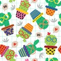 Seamless pattern with cute cactus in glasses