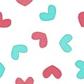 Seamless pattern of cute calico texture love hearts with dot and stitch in cartoon style in pink blue colors.