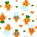 Seamless pattern cute carrot dressed in a chef\'s hat and smiling happily. Carrots have eyes, face, legs and arms.