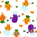 Seamless pattern cute carrot and eggplant dressed in a chef\'s hat and smiling happily. Carrots have eyes, face.