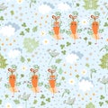 Seamless pattern with cute carrots - characters, clouds, flowers and leaves