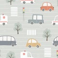 Seamless pattern with cute cars, traffic lights and trees