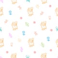 Seamless pattern with cute cartoon alpacas and plants on white background. Wallpaper with funny llamas. Joyful animals and flowers