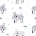 Seamless pattern cute cartoon animal background with koala lying on the rainbow