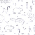 Seamless pattern with cute cartoon animals of Africa. Vector illustration background, wallpaper hippo crocodile elephant