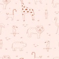 Seamless pattern with cute cartoon animals of Africa. Vector illustration background, wallpaper lemur giraffe lion