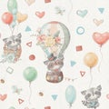 Seamless pattern cute cartoon animals fly in a hot air balloon Royalty Free Stock Photo