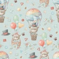 Seamless pattern cute cartoon animals fly in a hot air balloon Royalty Free Stock Photo