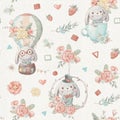 Seamless pattern cute cartoon animals fly in a hot air balloon Royalty Free Stock Photo