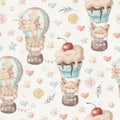 Seamless pattern cute cartoon animals fly in a hot air balloon Royalty Free Stock Photo