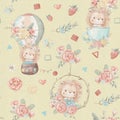 Seamless pattern cute cartoon animals fly in a hot air balloon Royalty Free Stock Photo