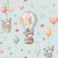 Seamless pattern cute cartoon animals fly in a hot air balloon Royalty Free Stock Photo