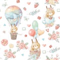 Seamless pattern cute cartoon animals fly in a hot air balloon Royalty Free Stock Photo