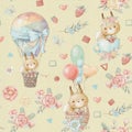 Seamless pattern cute cartoon animals fly in a hot air balloon Royalty Free Stock Photo