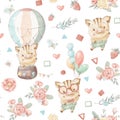 Seamless pattern cute cartoon animals fly in a hot air balloon Royalty Free Stock Photo