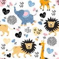 Seamless pattern with cute cartoon animals. Giraffe, elephant, lion.