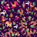 Seamless pattern with cute cartoon animals. Swan, cock, duck, monkey, dragon, Sirin bird, alligator, cat, kitten, birds, elephant