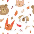 Seamless pattern with cute cartoon animals. Vector template.