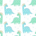 Seamless pattern, cute cartoon baby dinosaurs with daisies on a white background. Children\'s print, background, textile Royalty Free Stock Photo