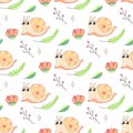 Seamless pattern, cute cartoon baby snail, on white background for fabric, wrapping paper, wallpaper Royalty Free Stock Photo