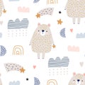 Seamless pattern with cute cartoon bear, clouds. Creative Scandinavian style childish texture. Great for fabric, textile Vector