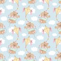 Seamless pattern, cute cartoon bears fly on a kite in the sky with clouds. Baby background, print, textile