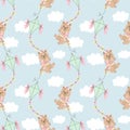 Seamless pattern, cute cartoon bears fly on a kite in the sky with clouds. Baby background, print, textile