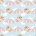 Seamless pattern, cute cartoon bears flying on an umbrella in the sky with clouds. Baby background, print, textile