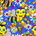 Seamless illustration with  cute cartoon bees, flowers and honeycombs, an insect on a blue background Royalty Free Stock Photo