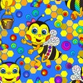 Seamless illustration with cute cartoon bees, flowers and honeycombs, an insect on a blue  background Royalty Free Stock Photo