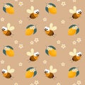 Seamless pattern, cute cartoon bees, lemons and white small flowers on a green background. Print, floral background, textile Royalty Free Stock Photo