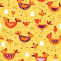 Seamless pattern with cute cartoon birds, chicks with eggs, dots