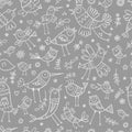 Seamless pattern with cute cartoon birds on gray background. Funny animals wallpaper. Doodle herbs and flowers print. Royalty Free Stock Photo