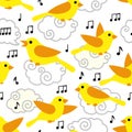 Seamless Pattern With Cute Cartoon Birds And Notes