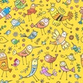 Seamless pattern with cute cartoon birds on yellow background. Funny animals wallpaper. Doodle herbs and flowers print. Royalty Free Stock Photo
