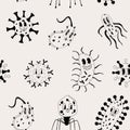 Seamless pattern with Cute Cartoon black and white bacteria, virus character.