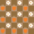 Seamless pattern. Cute cartoon breakfast toast, fried eggs and hot coffee mugs. on a checkered brown background.