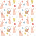 Seamless pattern with cute cartoon bunnies and Easter eggs, wicker basket and texture strokes. For wrapping paper Royalty Free Stock Photo