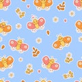 Seamless pattern with cute cartoon butterflies with emotions on blue background with flowers. Vector Illustration in Royalty Free Stock Photo