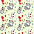 Seamless pattern with cute cartoon cats, flowers and colored hearts for fabric or wrapping paper, holiday background. Royalty Free Stock Photo