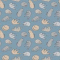 Seamless pattern with cute cartoon cats. Hand drawn grey and brown colored vector illustration on blue background. Funny Royalty Free Stock Photo